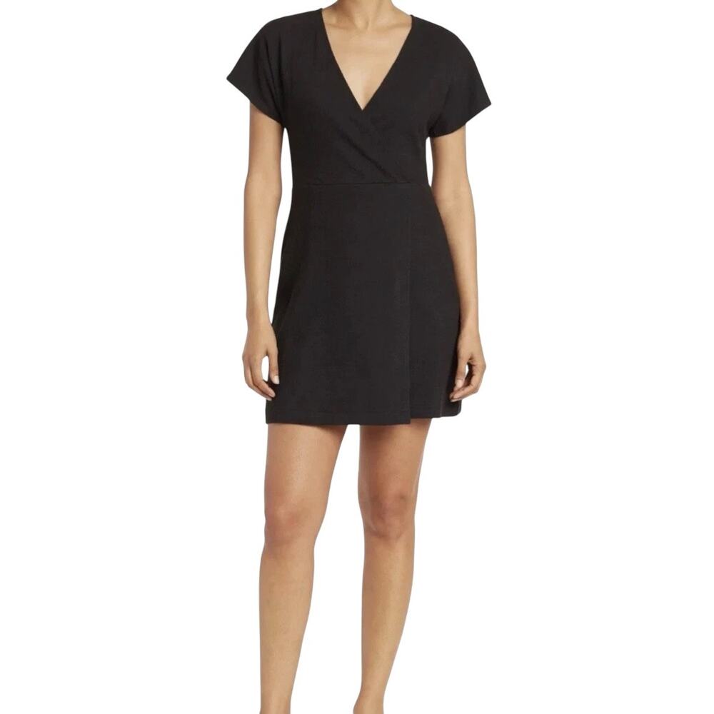 Madewell Texture & Thread Black Faux Wrap Mini Dress NWOT L LBD V-Neck